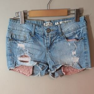 Indigo Rein Distressed Blue and Pink Jean Shorts